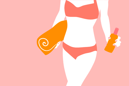 Young woman with towel and cream in hand summer in a bathing suit. Concept rest and spa procedure. Vector cartoon illustration.のイラスト素材