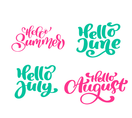 Set of Summer exotic Calligraphy lettering phrases Hello june, july, august. Vector Hand Drawn Isolated text. Sketch doodle design for greeting card, scrapbook, printのイラスト素材
