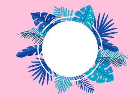 Summer Vector floral frame tropical leaves palm with place for text. color design elements for print, greeting card. isolated illustration on pink backgroundのイラスト素材
