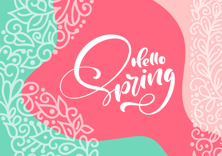 Abstract floral vector greeting card with text Hello Spring. Isolated flat illustration. Spring scandinavian hand drawn nature design pattern.のイラスト素材