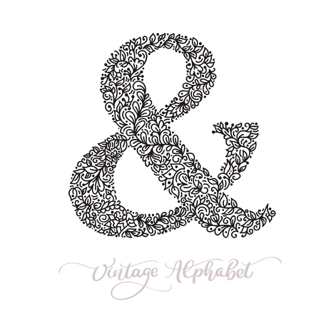 Vector monoline sign - ampersand. Vintage  monogram Concept Icon. Black ink hand drawn illustration isolated on white backgroundのイラスト素材