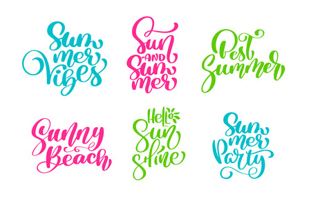 Travel lifestyle motivational phrases mega set. Hand drawn summer vector calligraphy lettering text. Vacation quotes, phrases and words. For greeting card template collectionのイラスト素材