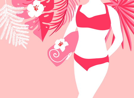 Woman on the beach with towel. Vector illustration with copy space. Summer girl on background of palm leaves in swimsuit, tropical background travelのイラスト素材
