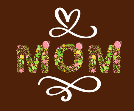 Floral summer text Mom. Vector illustration hand drawn Capital Uppercase with flowers and leaves and white calligraphy letters on red background for Mothers Day.のイラスト素材