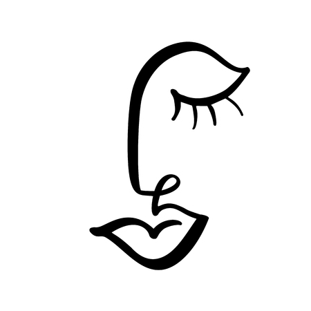 Continuous line, drawing of woman face, fashion minimalist concept. Stylized linear female head with closed eyes, skin care logo, beauty salon icon. Vector illustrationのイラスト素材
