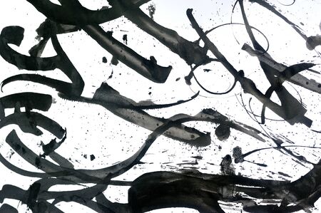 Abstract brush strokes and splashes of paint on paper. Grunge art calligraphy backgroundの写真素材