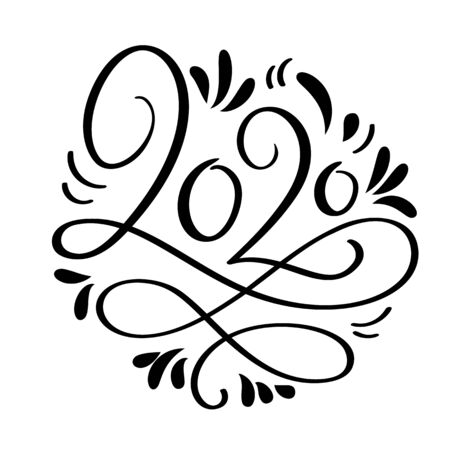 Hand drawn vector lettering calligraphy black number text 2020. Happy New Year greeting card. Vintage Christmas illustration designのイラスト素材