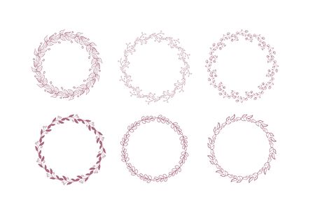 Collection of Rustic Floral Frame Elements. Set of Vector Violet and Pink Wreath, Soft Pastel Color Bouquet, Greeting Card, Winter Flower Decorationのイラスト素材