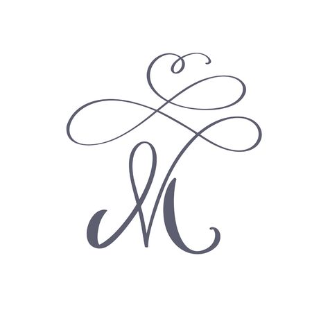 Vector Hand Drawn calligraphic floral M monogram. Uppercase Hand Lettering Letter M with swirls and curl. Wedding Floral Designのイラスト素材