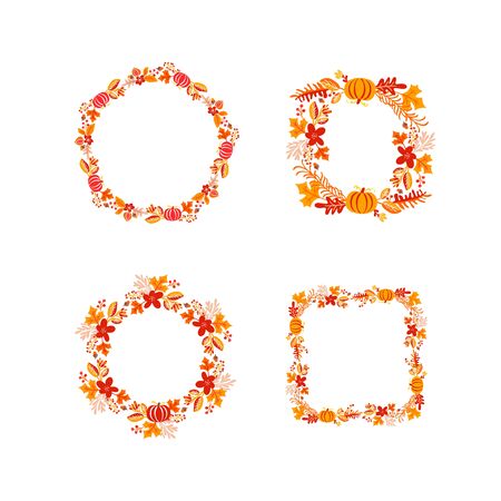 Bundle of vector frame autumn bouquet wreath with place for text. Set of orange isolated leaves, berries and pumpkin. Perfect for seasonal holidays, Thanksgiving Day.のイラスト素材