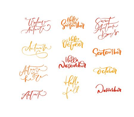 Bundle set of Orange vector lettering calligraphy autumn phrases. Hand drawn isolated illustration for greeting card. Perfect for seasonal holidays, Thanksgiving Day.のイラスト素材