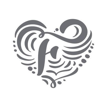 Heart vector Hand Drawn calligraphic scandinavian floral F. Uppercase Hand Lettering Letter F with curl. Wedding Floral Designのイラスト素材
