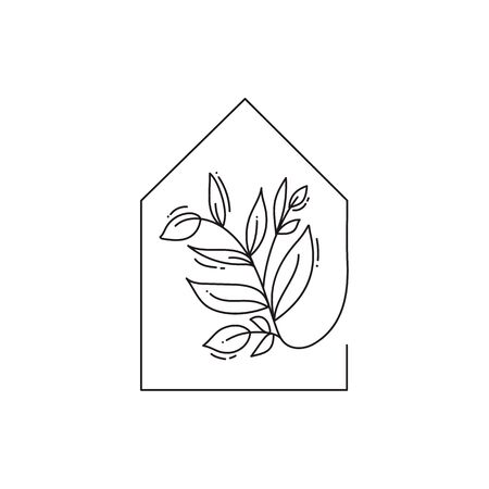 Vector eco house icon with leaves. template in black color isolated on white background. Doodle style. Design print poster, symbol decorのイラスト素材