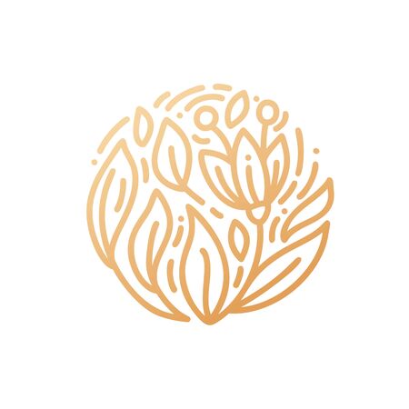 Abstract emblem flower in a circle in linear style. Monoline vector plant for design of natural products, flower shop, cosmetics, ecology concepts, health, spa, yoga centerのイラスト素材