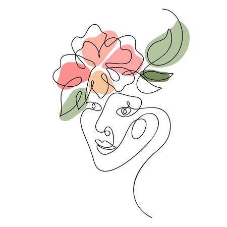 Vector woman face with flower one line drawing. Monoline portrait minimalistic style. Simple design illustration or icon for greeting card, beauty center, spa, girls shopのイラスト素材