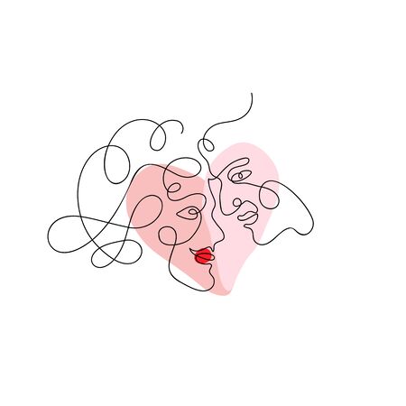 Vector woman and man face with heart on background one line drawing. Monoline portrait minimalistic style. Simple design illustration  or icon for greeting cardのイラスト素材