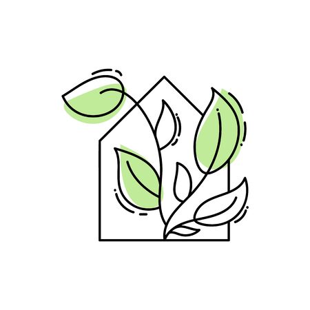 Vector eco house icon with leaves. logo template in black color isolated on white background. Doodle style. Design print poster, symbol decorのイラスト素材