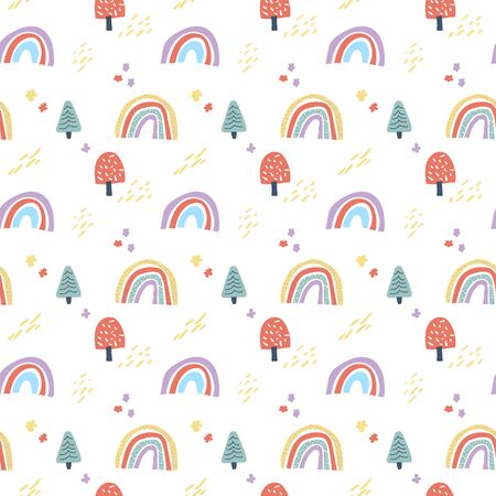 Vector scandinavian seamless pattern clouds, rain, sun and rainbow. Cute simple doodle background for children room textile, wallpaperのイラスト素材