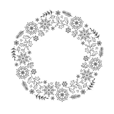 Christmas monoline vector wreath with cone branches, snowflakes and berries with place for text. Isolated xmas illustration for greeting card, poster and webのイラスト素材