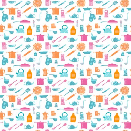 Vector Seamless pattern with kitchen items in retro style.のイラスト素材