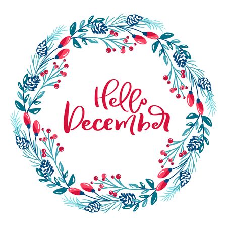 Merry Christmas vector scandinavian calligraphic vintage text. Winter Wreath with xmas phrase. Greeting card template with vintage style elements Doodle Illustrationのイラスト素材