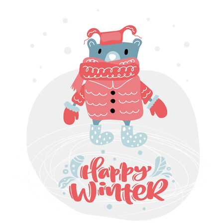 Vector Big bear and calligraphic lettering text Happy Winter. Christmas greeting Card, Seasons illustration in scandinavian styleのイラスト素材