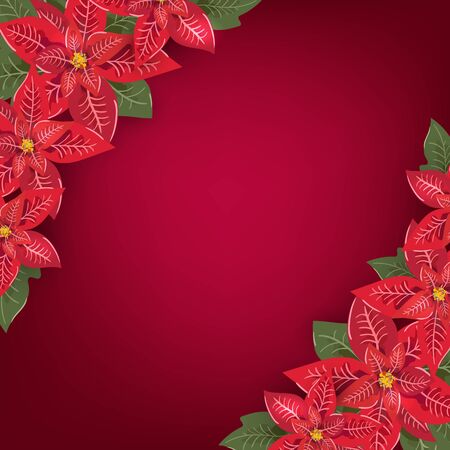 Merry Christmas greeting card design with floral poinsetia bouquet decoration and red background with place for text. Modern winter season postcard, brochure, wall art designのイラスト素材