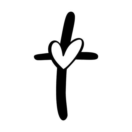 Vector Christian logo Heart with Cross on a White Background. Hand Drawn Calligraphic symbol. Minimalistic religion iconのイラスト素材