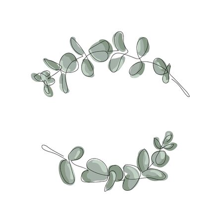 Vector eucalyptus leaves frame on white background with place for your text. Wreath made of leaf branches. Flat lay, top viewのイラスト素材