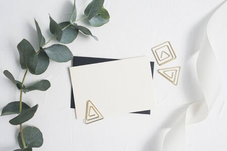 Mock up of Eucalyptus leaves and decor paper clip with place for text on white background. Wreath...
