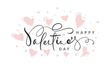 Happy Valentines Day red vector handwritten lettering text with hearts. Holiday design letters to greeting card, poster, congratulate, calligraphy text illustrationのイラスト素材