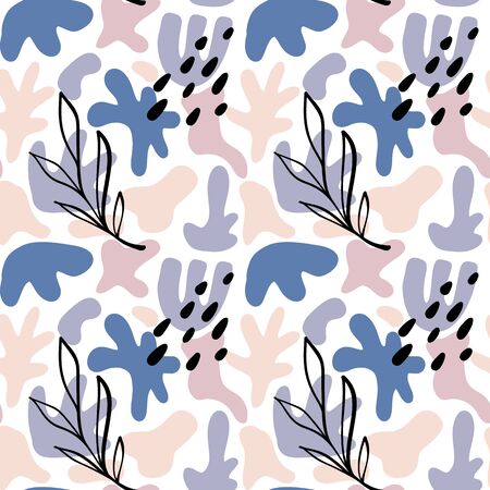Collage style seamless repeat pattern with abstract and organic shapes in pastel pink, fuchsia, blue, black and cream. Modern and original textile, wall art designのイラスト素材
