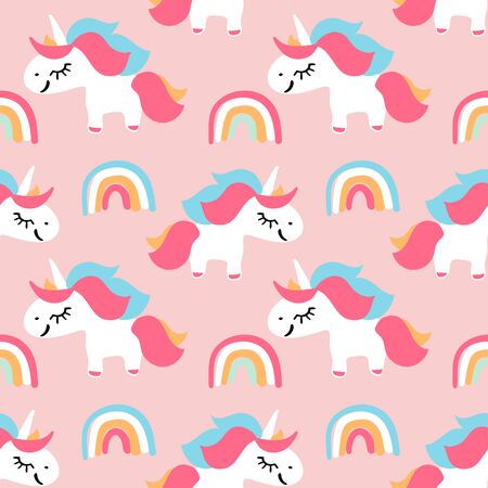 Vector seamless pattern with cute unicorns and rainbows on pink background. Magic background for kid wallpaper or greeting cardのイラスト素材