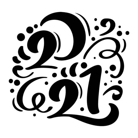 Vector calligraphic 2021 text. Christmas and Happy New Year concept design with calligraphy brush text on white background. Hand drawn letteringのイラスト素材