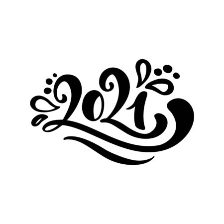Vector calligraphic 2021 text. Christmas and Happy New Year concept design with calligraphy brush text on white background. Hand drawn letteringのイラスト素材