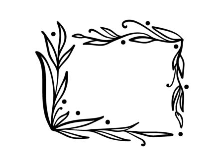 Hand drawn square minimalistic frame with spring leaves. Vector floral design elements for invitation, greeting card, scrapbooking, poster with place for text. Vintage decorのイラスト素材
