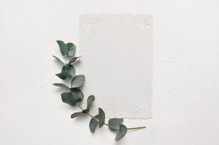 Mock up of Eucalyptus leaves and white sheet of paper with place for text on white background. Wreath made of eucalyptus branch. Flat lay, top viewの写真素材
