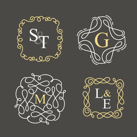 Set of vector floral wedding template monogram  wedding. Vintage monoline Wreath Background. Art deco frames easy to edit. Perfect for invitation or greeting card with letters or text.のイラスト素材