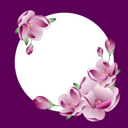 Vector beautiful frame gradient pink magnolia flower wreath with place for text or photo for wedding or greeting card, banner, poster design. Spring concept, Realistic floral artのイラスト素材