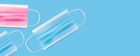 Protective medical masks with ear strap on blue background banner with place for text. Cover mouth and nose, preventing dust, odor and various germs. Realistic vector file. Virus covid 19 protectのイラスト素材
