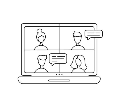 Vector icon monoline online meeting via group call. Four people in video chat. Coleagues in video conference at office or home. concept freelance, remote work, teleworking, Conference call, quarantineのイラスト素材
