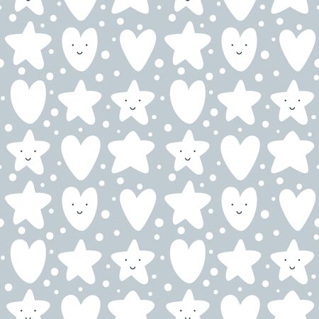 Seamless pattern of cute Nursery Vector Wall Art Set. Funny Smiling Stars, Lovely Hearts and Fluffy Clouds Isolated on a White Background. Baby Shower Vector Illustrationのイラスト素材