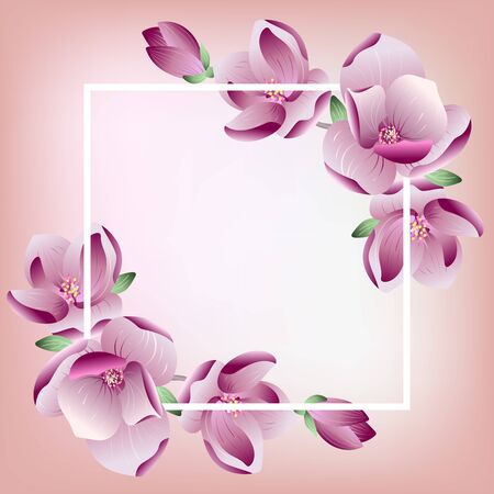 Summer Vintage Floral Greeting Card template with Blooming magnolia flowers frame, botanical natural Illustration in realistic wedding style with place for your textのイラスト素材