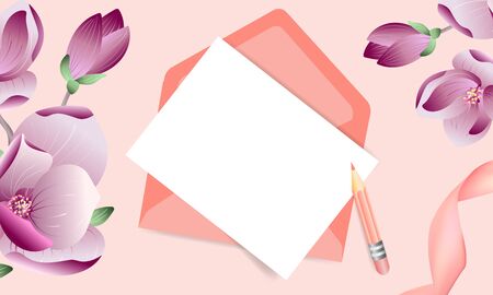 Mockup Vector floral pink greeting card with envelope and magnolia flowers with place for text. For wedding or invitation cardのイラスト素材
