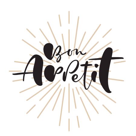 Bon Appetit calligraphy lettering vector text for food blog kitchen. Hand drawn cute quote design cooking element. For restaurant, cafe menu or banner, posterのイラスト素材