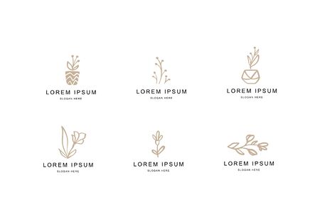 Abstract Floral Vector Signs or  Templates Set. Retro Feminine Hand Drawn Illustration Emblems for Beauty Salon, SPA or Wedding Boutiques Isolatedのイラスト素材