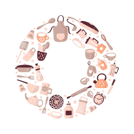 Vector greeting card frame with place for text for food blog kitchen in the shape of round. Cute design cooking scandinavian element for restaurant, cafe menu banner, posterのイラスト素材