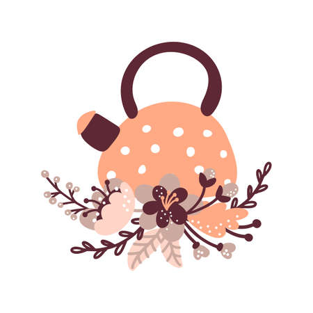 Vector kitchen teapot illustration with floral bouquet for food blog. Hand drawn cute design element. For restaurant, cafe menu or banner, posterのイラスト素材