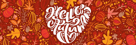 Greeting card with text Hello Autumn in form of heart. Panoramic banner orange leaves of maple, september, october or november foliage, oak and birch tree, fall nature season poster designのイラスト素材