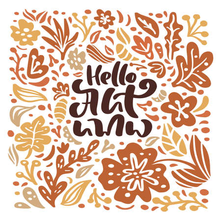 Vector Greeting card with text Hello Autumn. Orange leaves of maple, september, october or november foliage, oak and birch tree, fall nature season poster or banner designのイラスト素材